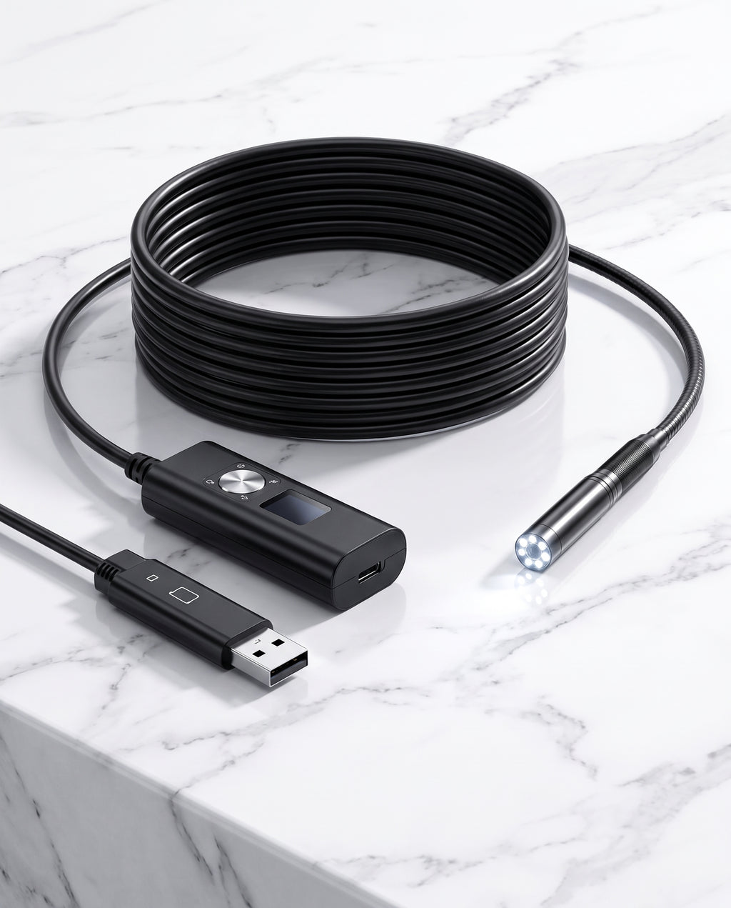 PeekVue HD endoscope inspection camera on marble