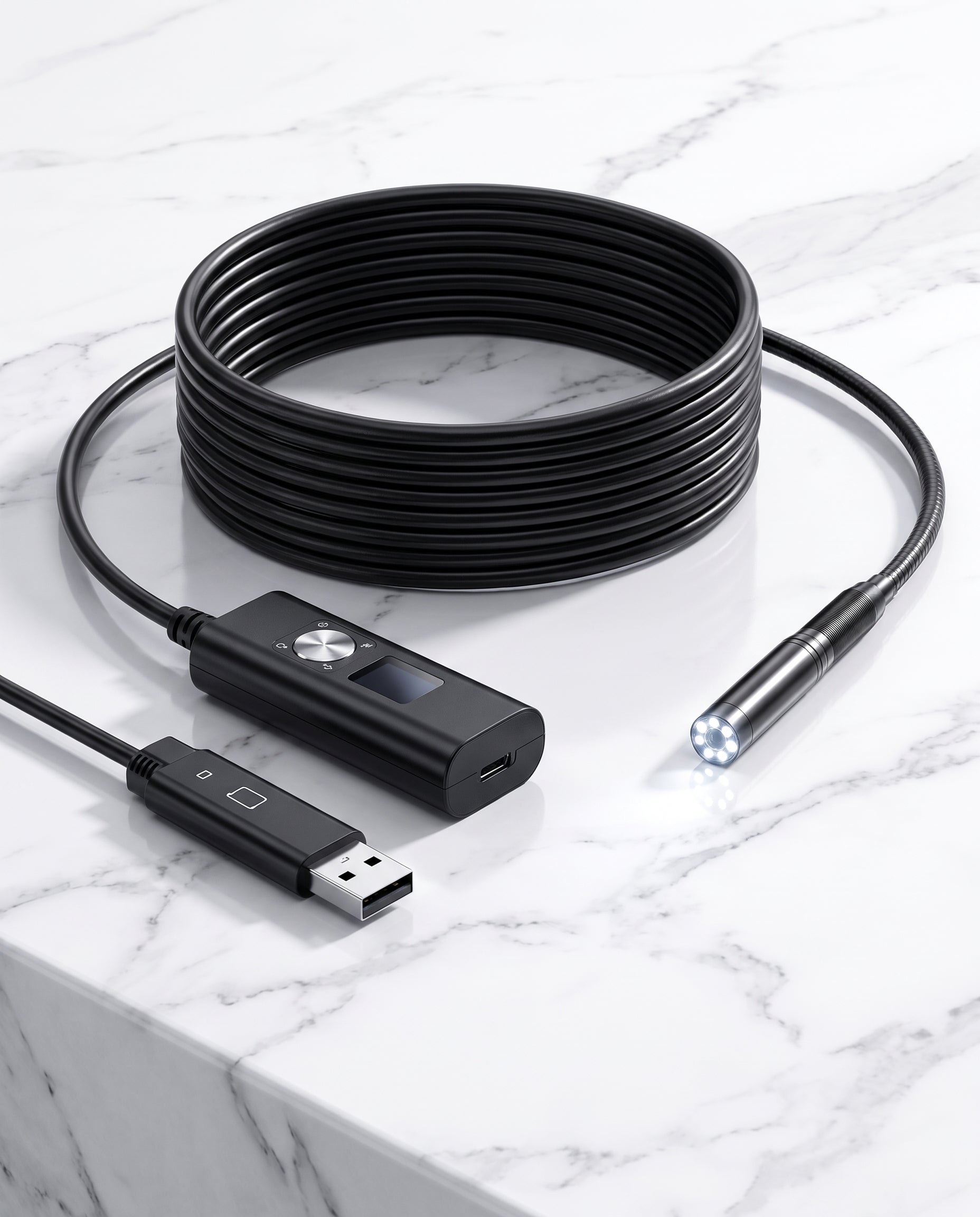 PeekVue HD endoscope inspection camera on marble
