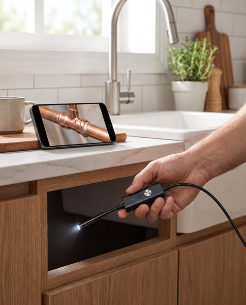 Using the endoscope under a kitchen sink with live phone view