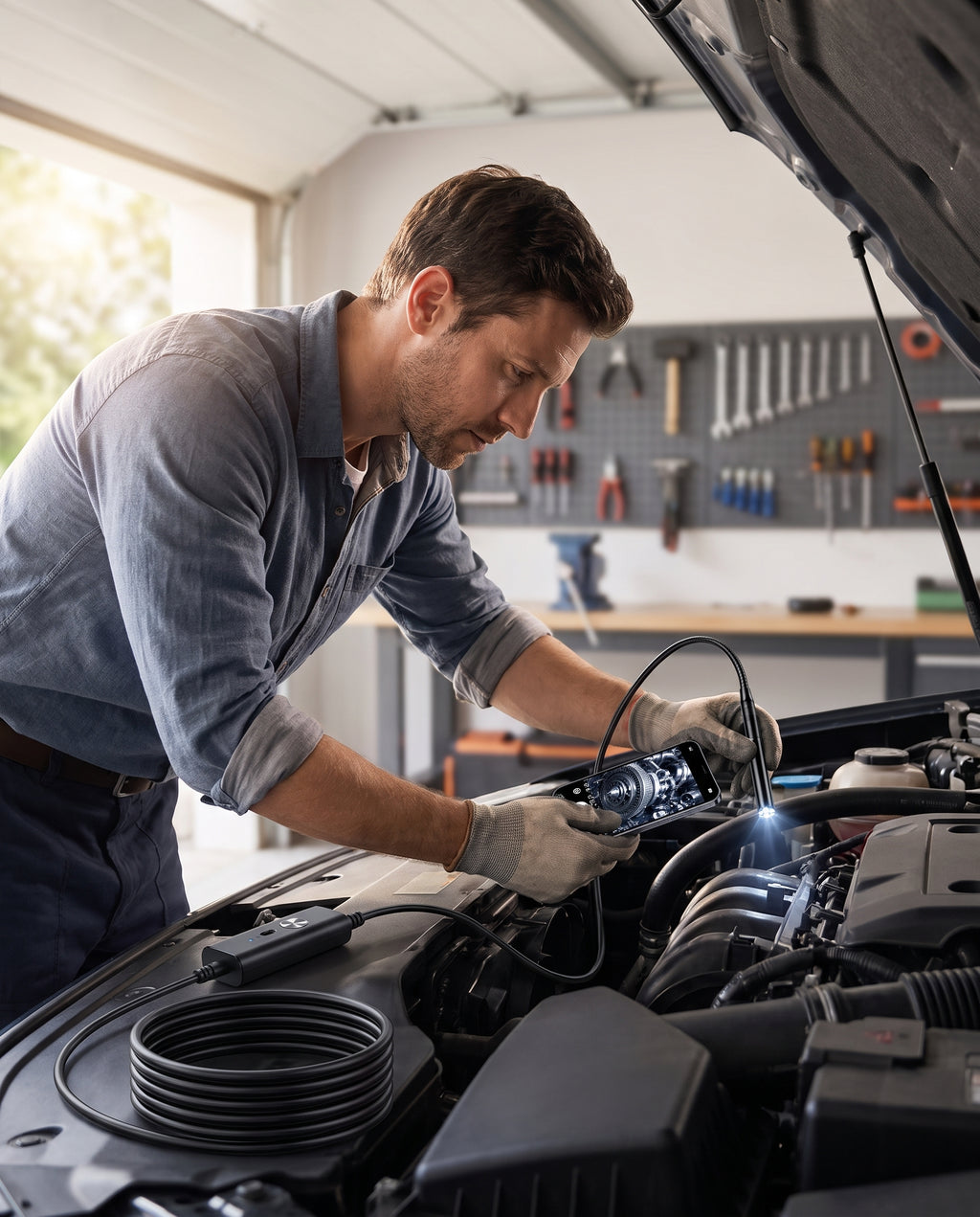 Inspecting a car engine bay with the endoscope camera