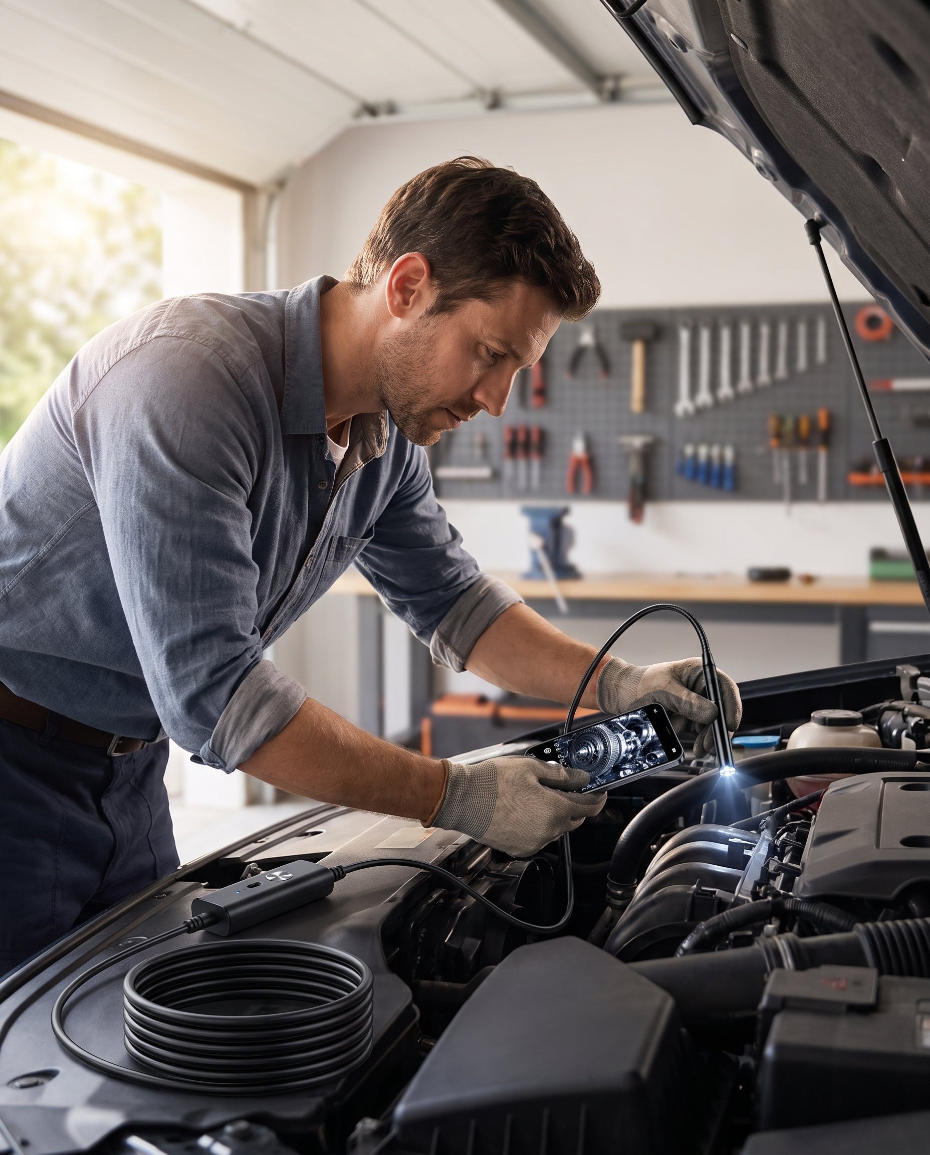 Inspecting a car engine bay with the endoscope camera