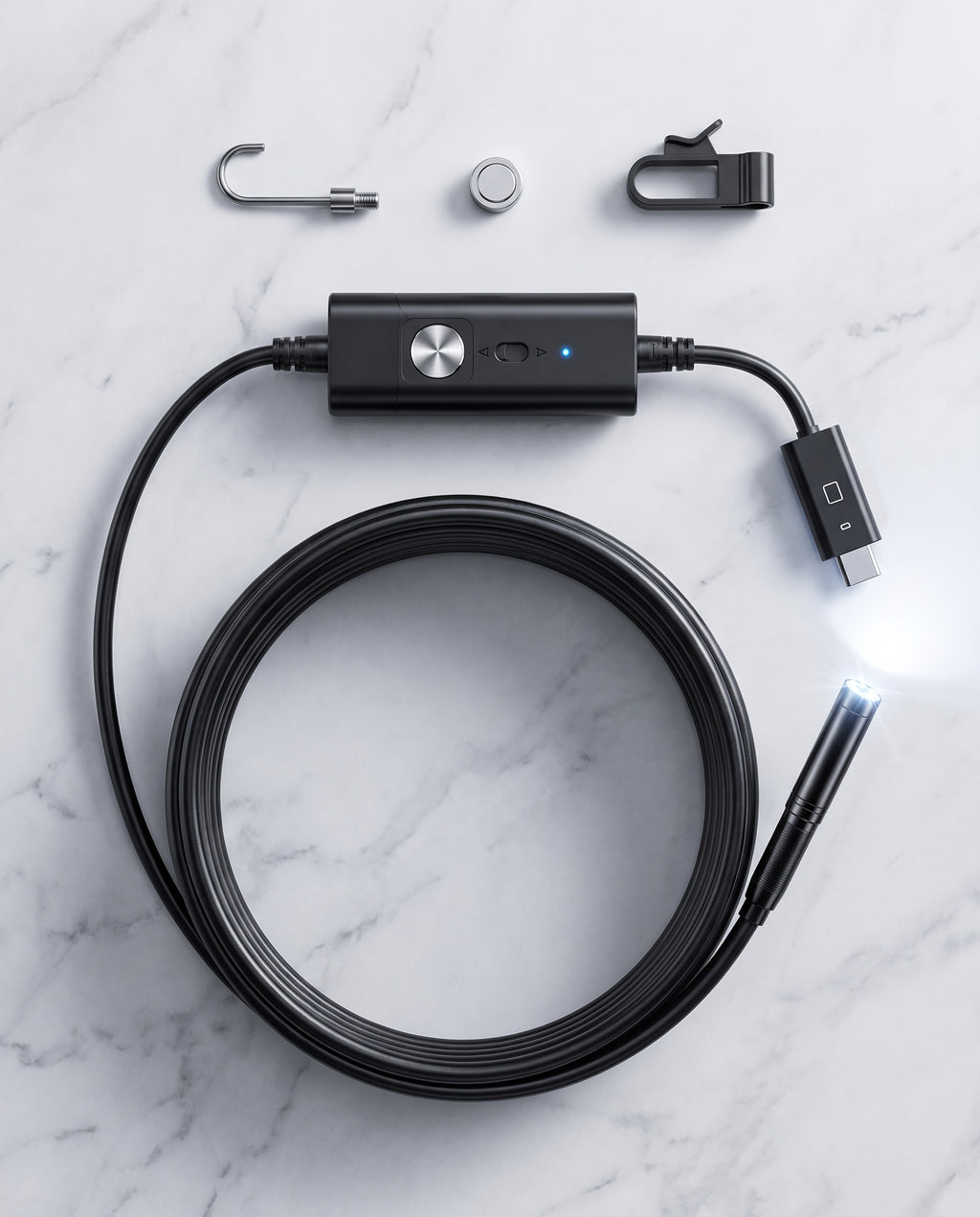 Complete endoscope kit with hook, magnet and mirror attachments