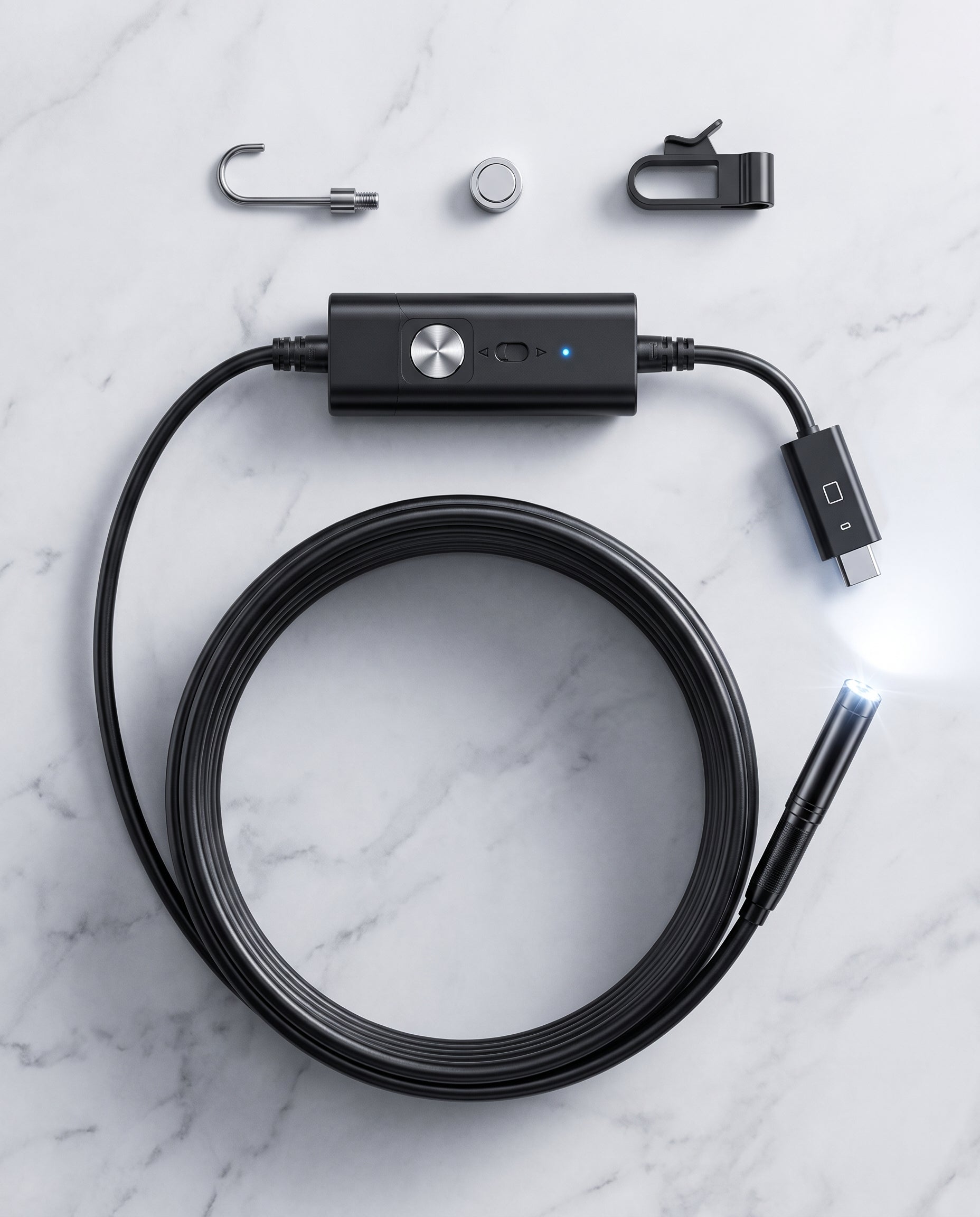 Complete endoscope kit with hook, magnet and mirror attachments